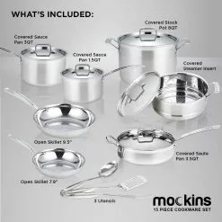 15-Piece Premium Grade Stainless Steel Cookware Set with Lids by Mockins 12 15-Piece Premium Grade Stainless Steel Cookware Set with Lids by Mockins -Cookware Sales Shop silver mockins pot pan sets mk pp 15pc 54 66 1000