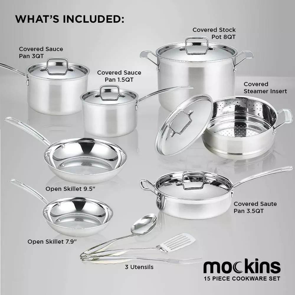 15-Piece Premium Grade Stainless Steel Cookware Set with Lids by Mockins 5 15-Piece Premium Grade Stainless Steel Cookware Set with Lids by Mockins - Image 3