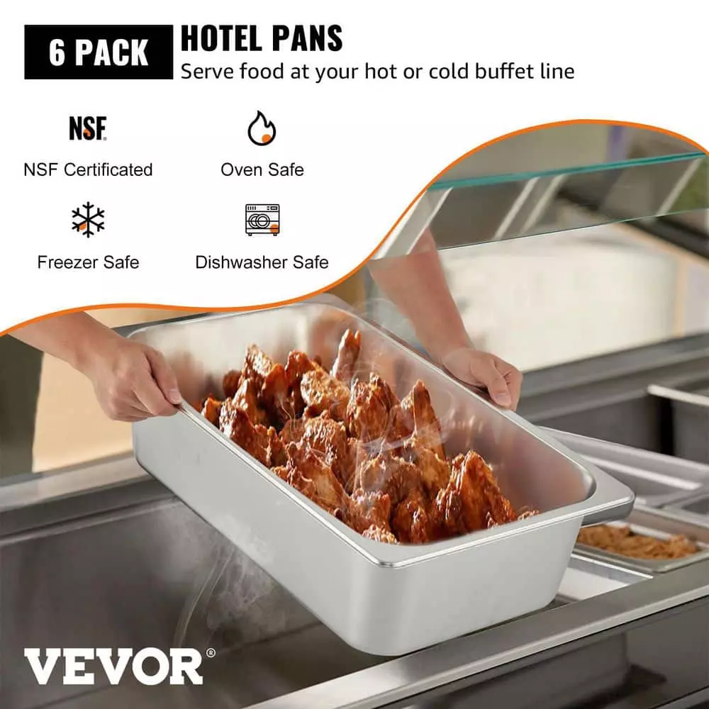 21.7 qt. Stainless Steel Hotel Pans Full Size 20.9 x 12.8 x 5.9 in. Chafing Dish Buffet Set Roasting Pan (6-Pack) by VEVOR 4 21.7 qt. Stainless Steel Hotel Pans Full Size 20.9 x 12.8 x 5.9 in. Chafing Dish Buffet Set Roasting Pan (6-Pack) by VEVOR - Image 2