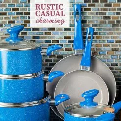 Farmhouse 13-Piece Aluminum Ultra-Durable Chalk Grey Diamond Infused Nonstick Coating Cookware Set in Speckled Blue by Granite Stone Diamond -Cookware Sales Shop speckled blue granite stone diamond pot pan sets 8299 1f 1000