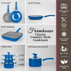 Farmhouse 13-Piece Aluminum Ultra-Durable Chalk Grey Diamond Infused Nonstick Coating Cookware Set in Speckled Blue by Granite Stone Diamond -Cookware Sales Shop speckled blue granite stone diamond pot pan sets 8299 4f 1000