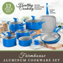 Farmhouse 13-Piece Aluminum Ultra-Durable Chalk Grey Diamond Infused Nonstick Coating Cookware Set in Speckled Blue by Granite Stone Diamond -Cookware Sales Shop speckled blue granite stone diamond pot pan sets 8299 c3 1000