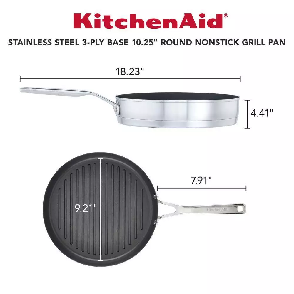 3-Ply Base Stainless Steel Nonstick Round Grill Pan, 10.25 in., Brushed Stainless Steel by KitchenAid 7 3-Ply Base Stainless Steel Nonstick Round Grill Pan, 10.25 in., Brushed Stainless Steel by KitchenAid - Image 5