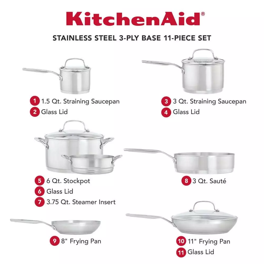 11-Piece 3-Ply Base Stainless Steel Cookware Set, Silver by KitchenAid 7 11-Piece 3-Ply Base Stainless Steel Cookware Set, Silver by KitchenAid - Image 5