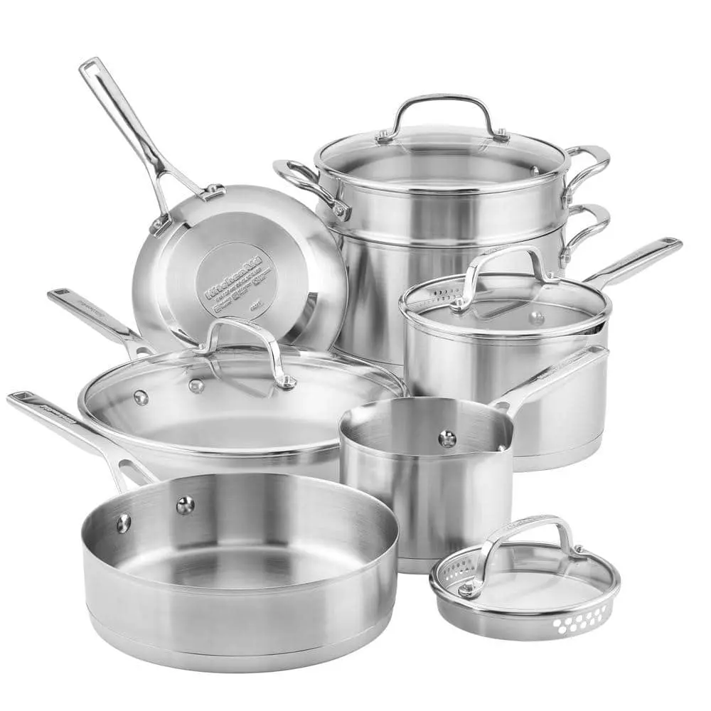 11-Piece 3-Ply Base Stainless Steel Cookware Set, Silver by KitchenAid 3 11-Piece 3-Ply Base Stainless Steel Cookware Set, Silver by KitchenAid