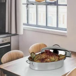 16 in. Silver Stainless Steel Oval Roasting Pan/Baking Tray with Lid and Rack by OVENTE -Cookware Sales Shop stainless steel ovente roasting pans cwr32161s 31 1000