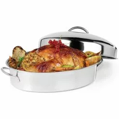 16 in. Silver Stainless Steel Oval Roasting Pan/Baking Tray with Lid and Rack by OVENTE
