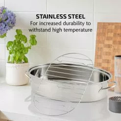 16 in. Silver Stainless Steel Oval Roasting Pan/Baking Tray with Lid and Rack by OVENTE -Cookware Sales Shop stainless steel ovente roasting pans cwr32161s fa 1000