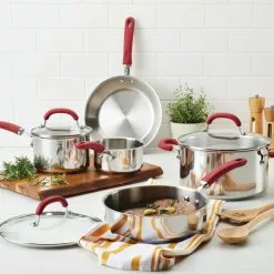 Create Delicious 10-Piece Stainless Steel Cookware Set in Stainless Steel with Red Handles by Rachael Ray -Cookware Sales Shop stainless steel with red handles rachael ray pot pan sets 70413 31 1000