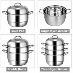 8 qt. Stainless Steel Soup Pot with 2-tier 3.6 qt. Steamer Inserts and Lid by WELLFOR 15 8 qt. Stainless Steel Soup Pot with 2-tier 3.6 qt. Steamer Inserts and Lid by WELLFOR -Cookware Sales Shop stock pots kc hpy 49465 1f 1000