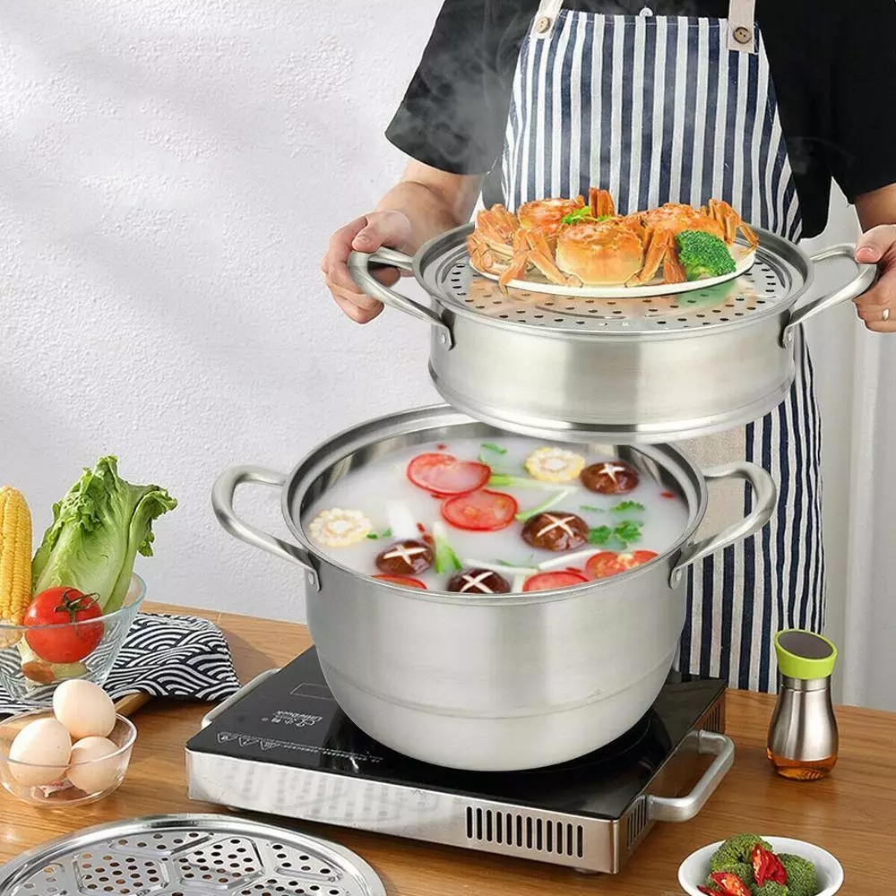 8 qt. Stainless Steel Soup Pot with 2-tier 3.6 qt. Steamer Inserts and Lid by WELLFOR 4 8 qt. Stainless Steel Soup Pot with 2-tier 3.6 qt. Steamer Inserts and Lid by WELLFOR - Image 2