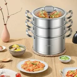 6.2 qt. Stainless Steel Soup Pot with 2-tier 2.8 qt. Steamer Inserts and Lid by WELLFOR 19 6.2 qt. Stainless Steel Soup Pot with 2-tier 2.8 qt. Steamer Inserts and Lid by WELLFOR -Cookware Sales Shop stock pots kc hpy 52003 31 1000