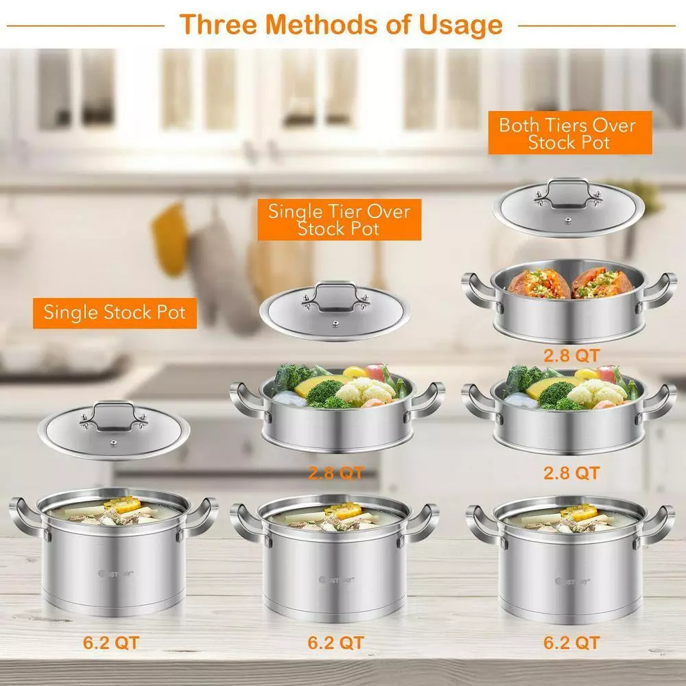 6.2 qt. Stainless Steel Soup Pot with 2-tier 2.8 qt. Steamer Inserts and Lid by WELLFOR 9 6.2 qt. Stainless Steel Soup Pot with 2-tier 2.8 qt. Steamer Inserts and Lid by WELLFOR - Image 7