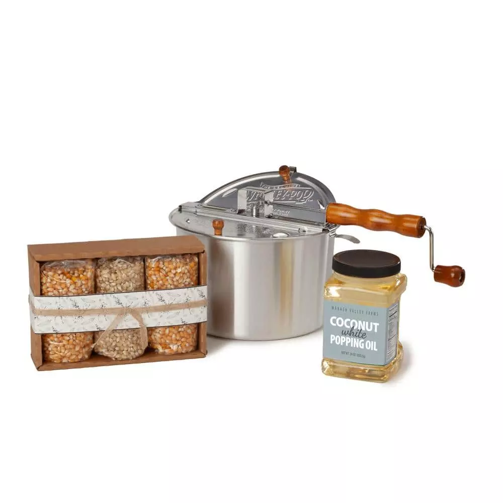 6qt. Aluminum Stovetop Popcorn Popper with Old Time Farmers Favorite Set by Whirley-Pop 3 6qt. Aluminum Stovetop Popcorn Popper with Old Time Farmers Favorite Set by Whirley-Pop