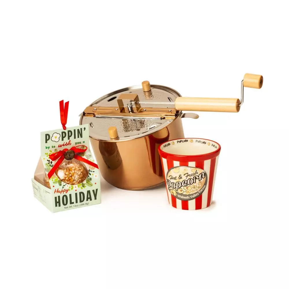 6 qt. Copper Plate Stainless Steel Stovetop Popcorn Popper Poppin' by to Wish You Happy Holidays Set by Whirley-Pop 3 6 qt. Copper Plate Stainless Steel Stovetop Popcorn Popper Poppin' by to Wish You Happy Holidays Set by Whirley-Pop