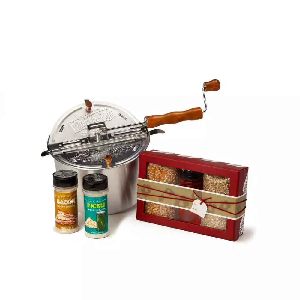 6 qt. Aluminum Stovetop Popcorn Popper with Festive and Savory Popcorn Essentials Set by Whirley-Pop 3 6 qt. Aluminum Stovetop Popcorn Popper with Festive and Savory Popcorn Essentials Set by Whirley-Pop