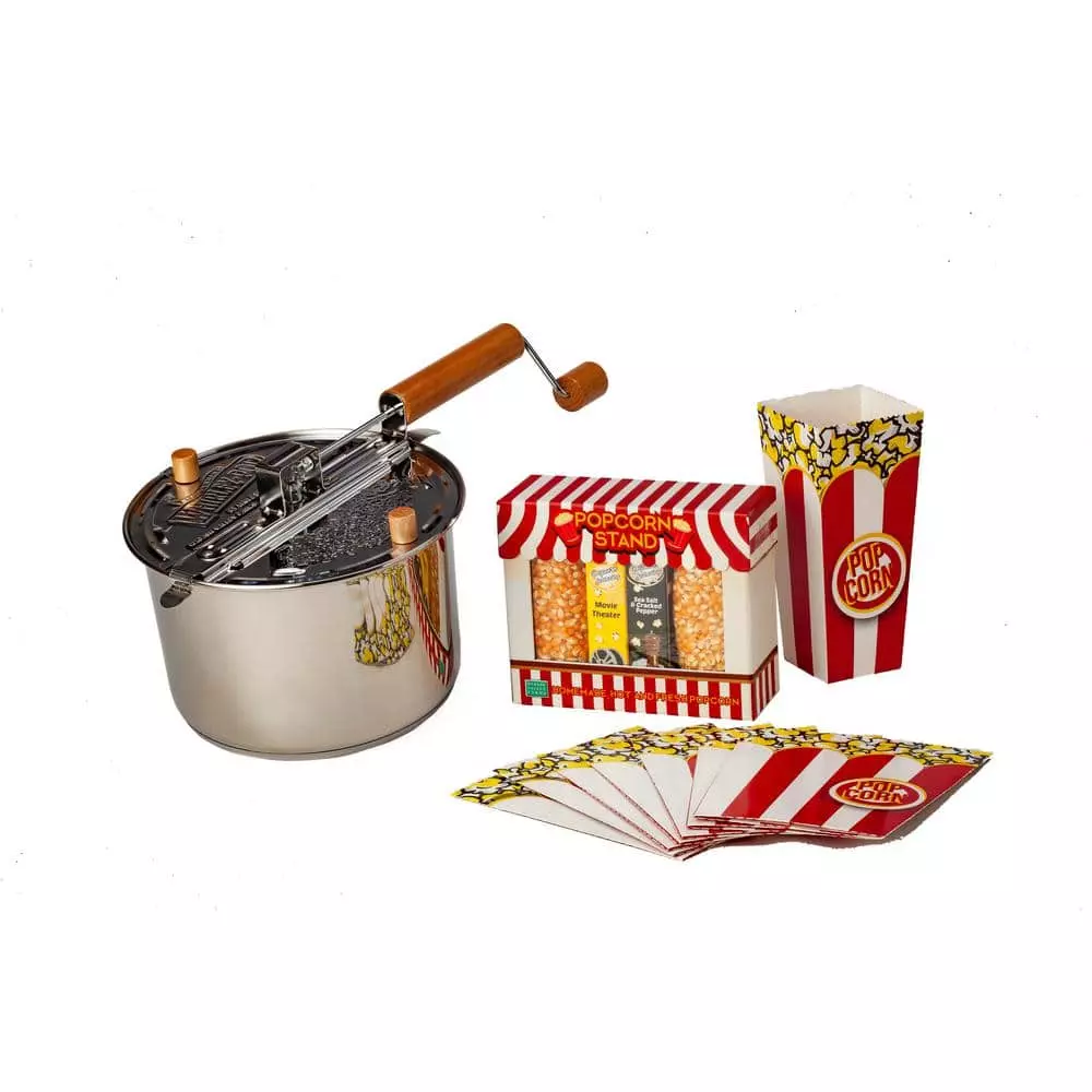 6 qt. Stainless Steel Stovetop Popcorn Popper and Popcorn Stand Gift Set by Whirley-Pop 3 6 qt. Stainless Steel Stovetop Popcorn Popper and Popcorn Stand Gift Set by Whirley-Pop