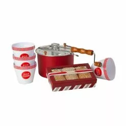 6 qt. Aluminum Red Stovetop Popcorn Popper with Hull-less Kernels Set with 4-Popcorn Bowls by Whirley-Pop