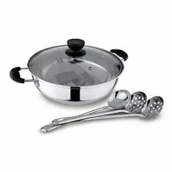 11 in./28 cm 4 qt. Stainless Steel Shabu Hot Pot with Divider and 3-Ladles by Tayama -Cookware Sales Shop tayama stock pots tg 28cr 1f 1000