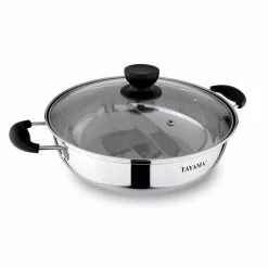 11 in./28 cm 4 qt. Stainless Steel Shabu Hot Pot with Divider and 3-Ladles by Tayama -Cookware Sales Shop tayama stock pots tg 28cr 4f 1000