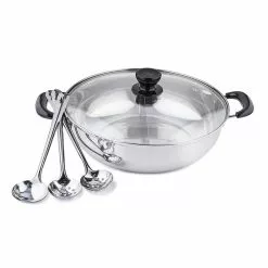 11 in./28 cm 4 qt. Stainless Steel Shabu Hot Pot with Divider and 3-Ladles by Tayama