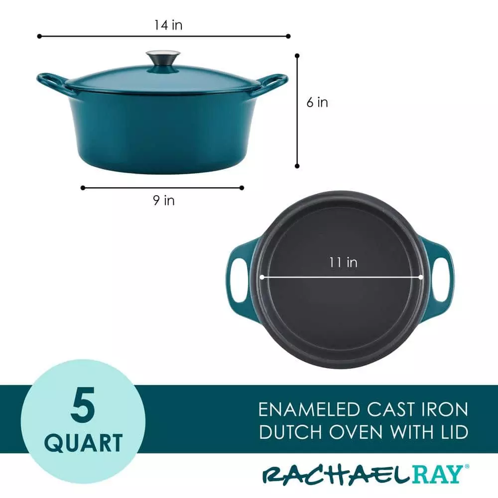5 qt. Round Teal Enameled Cast Iron Dutch Oven with Lid by Rachael Ray 5 5 qt. Round Teal Enameled Cast Iron Dutch Oven with Lid by Rachael Ray - Image 3