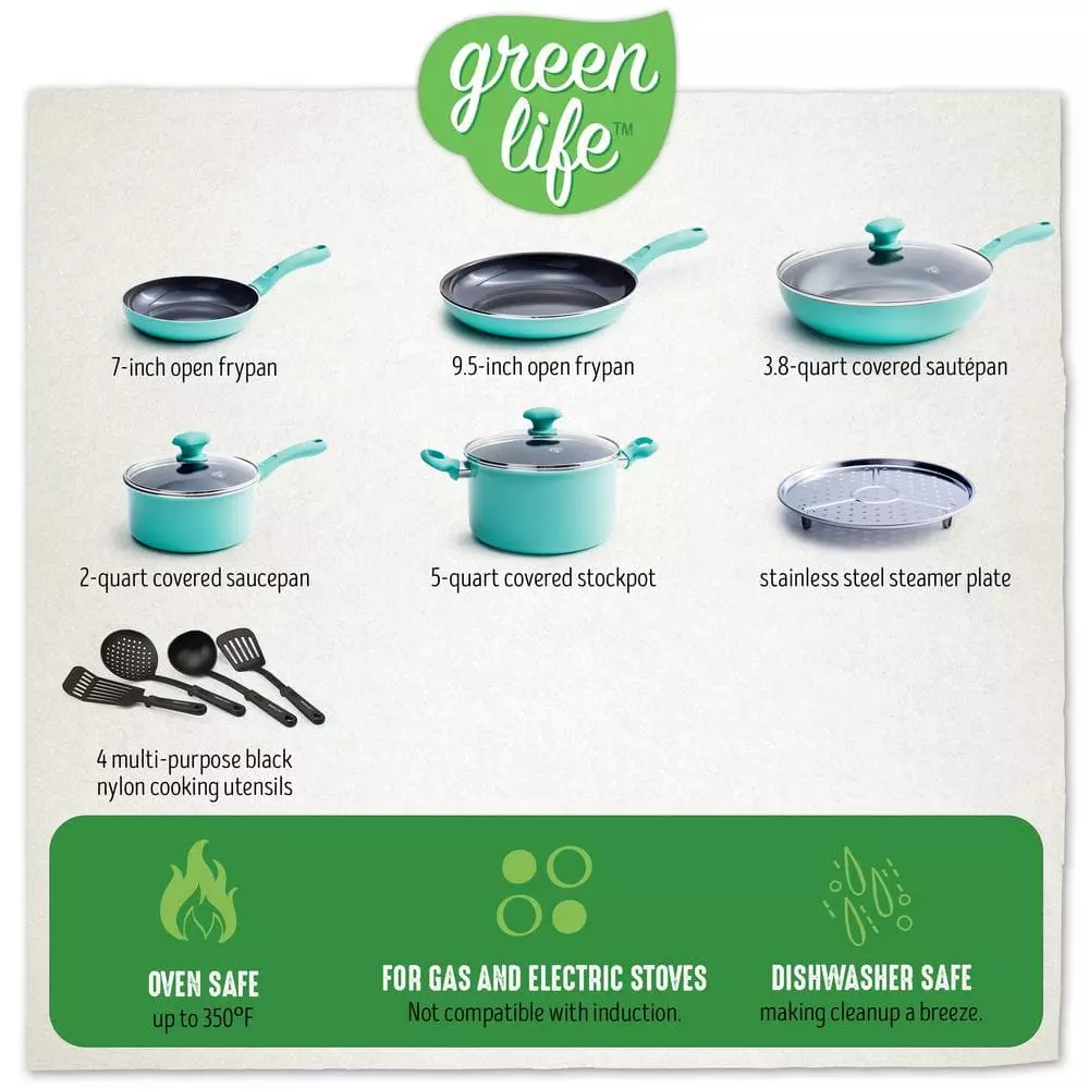Diamond 13-Piece Aluminum Ceramic Nonstick Cookware Set in Turquoise by GreenLife 11 Diamond 13-Piece Aluminum Ceramic Nonstick Cookware Set in Turquoise by GreenLife - Image 9