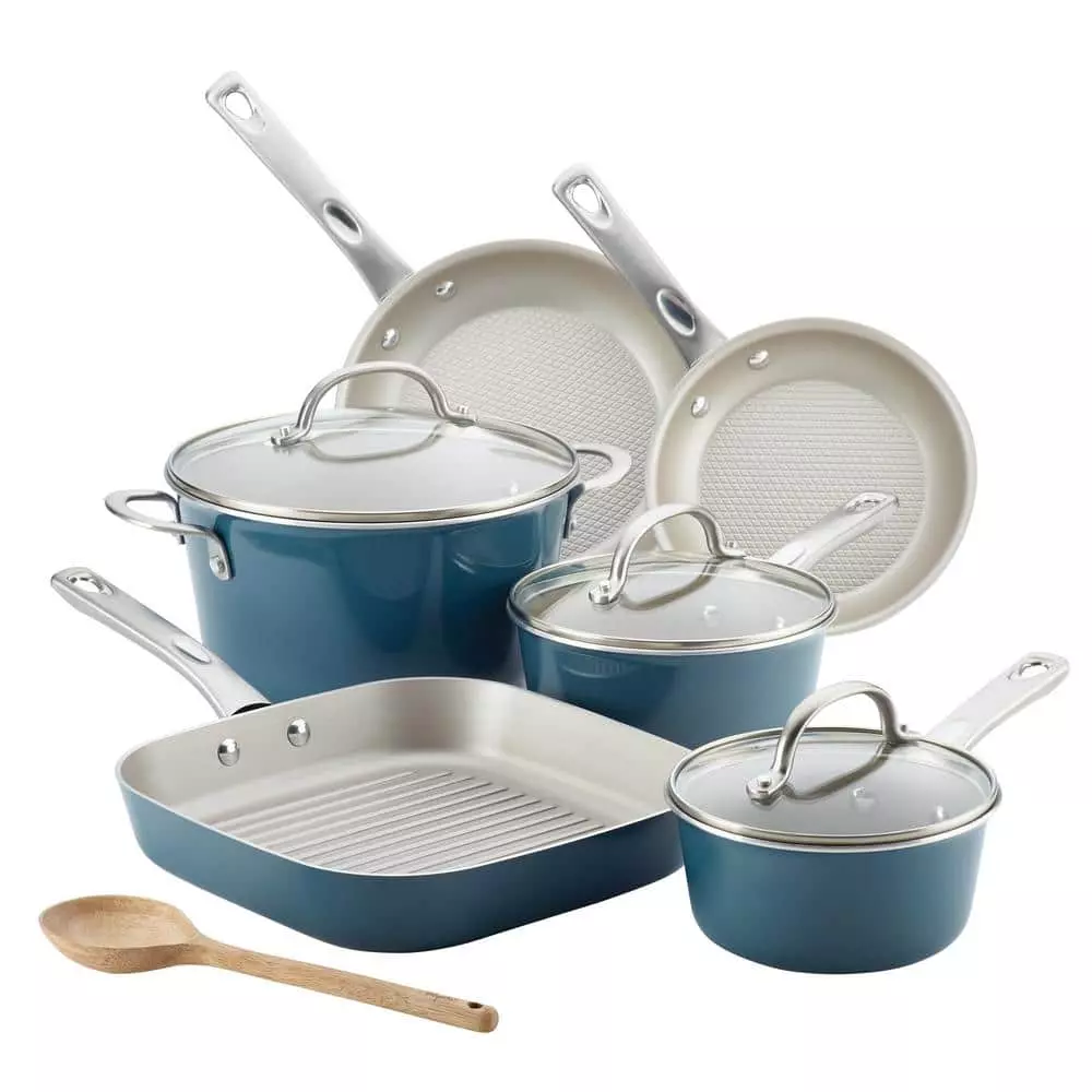 Ayesha Home Collection Porcelain Enamel Nonstick Cookware Set, 10-Piece, Twilight Teal by Ayesha Curry 3 Ayesha Home Collection Porcelain Enamel Nonstick Cookware Set, 10-Piece, Twilight Teal by Ayesha Curry