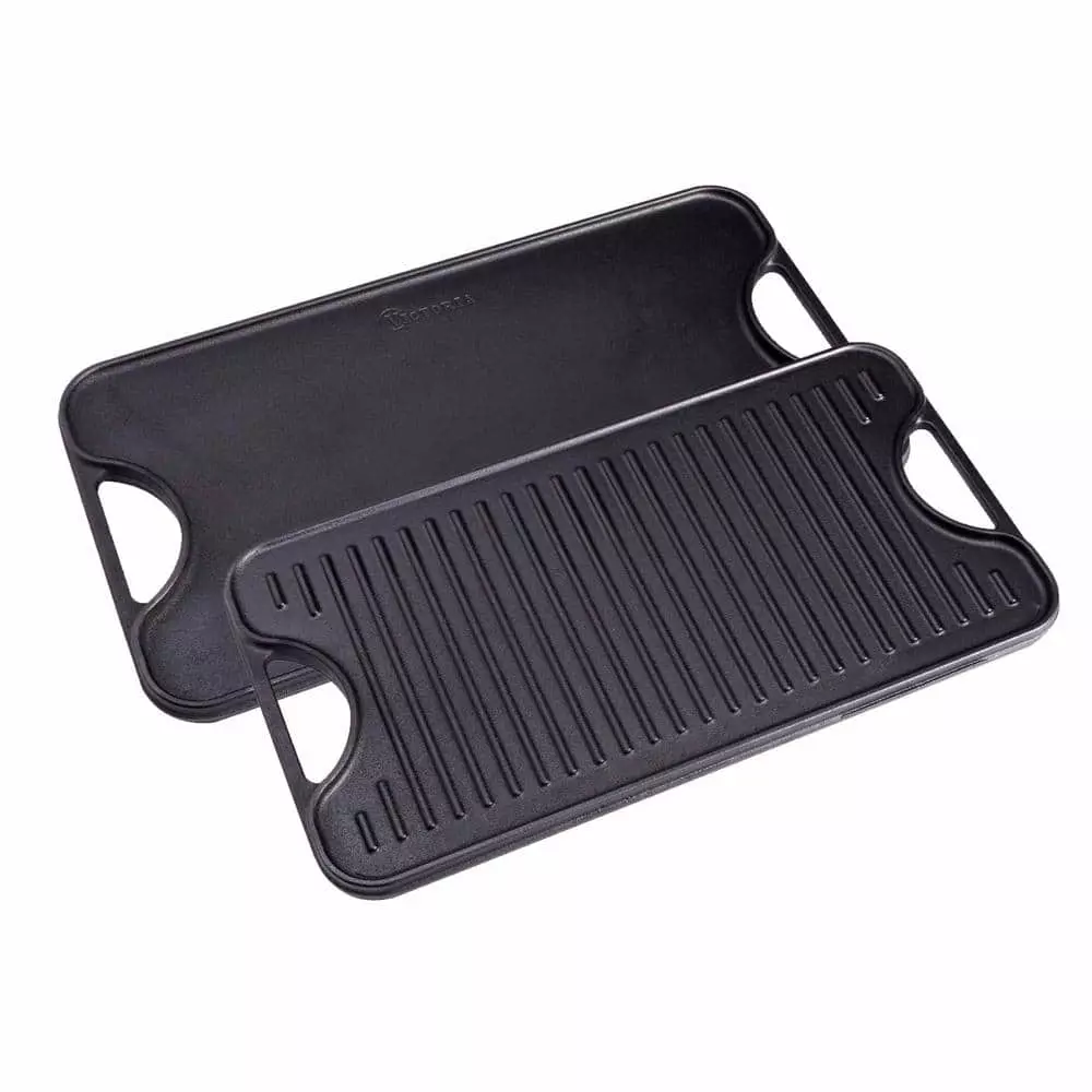 18.5 in x 10 in Black, Cast Iron Reversible Griddle/Skillet. Compatible on all Cooking Surfaces by Victoria 3 18.5 in x 10 in Black, Cast Iron Reversible Griddle/Skillet. Compatible on all Cooking Surfaces by Victoria