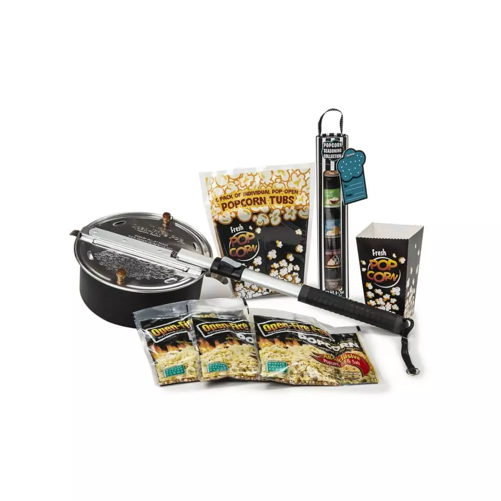 4 qt. Aluminum Black Outdoor Popcorn Popper with 3-All-Inclusive Popping Kits, 5-Pieces Seasoning Tube and 8-Tubs by Wabash Valley Farms 3 4 qt. Aluminum Black Outdoor Popcorn Popper with 3-All-Inclusive Popping Kits, 5-Pieces Seasoning Tube and 8-Tubs by Wabash Valley Farms