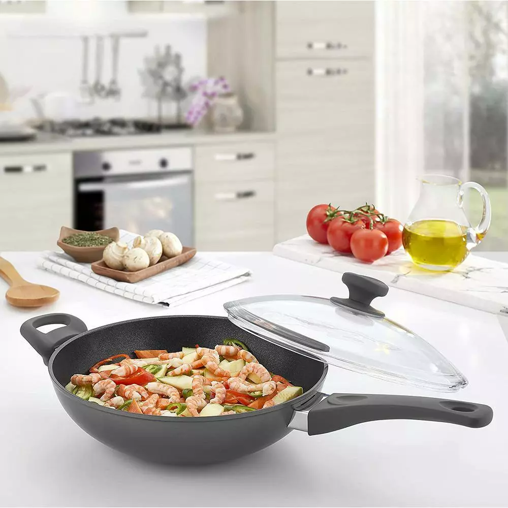 11 inch Titanium Coated Aluminum NonStick Wok Pan in Gray with Glass Lid by Context 4 11 inch Titanium Coated Aluminum NonStick Wok Pan in Gray with Glass Lid by Context - Image 2