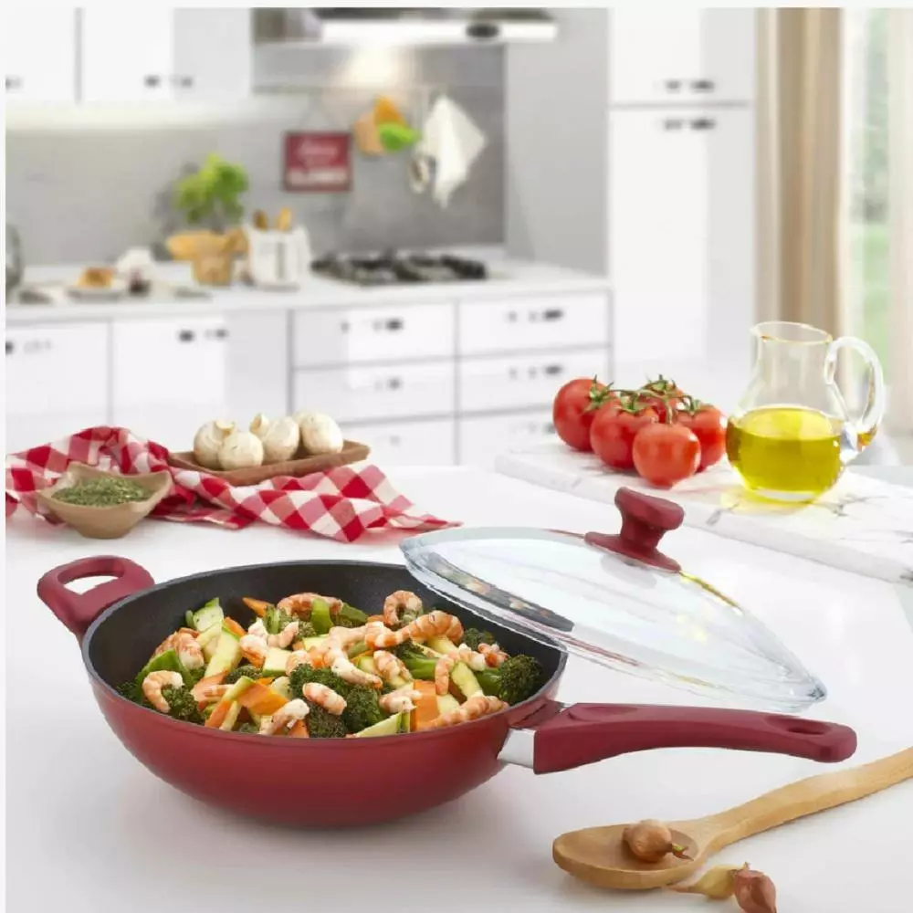 11 in. Red Titanium Coated Aluminum Non-Stick Wok with Glass Lid by CONTEXT 4 11 in. Red Titanium Coated Aluminum Non-Stick Wok with Glass Lid by CONTEXT - Image 2