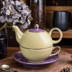 Porcelain Tea Set for One Mixed Colors Glazed Teapot Teacup and Saucer(Yellow and Purple) by Artvigor -Cookware Sales Shop yellow and purple artvigor tea kettles art cc010 1f 1000