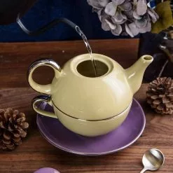 Porcelain Tea Set for One Mixed Colors Glazed Teapot Teacup and Saucer(Yellow and Purple) by Artvigor -Cookware Sales Shop yellow and purple artvigor tea kettles art cc010 fa 1000