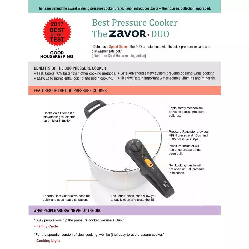 Duo 8 Qt. Stainless Steel Stovetop Pressure Cooker by Zavor 7 Duo 8 Qt. Stainless Steel Stovetop Pressure Cooker by Zavor - Image 5